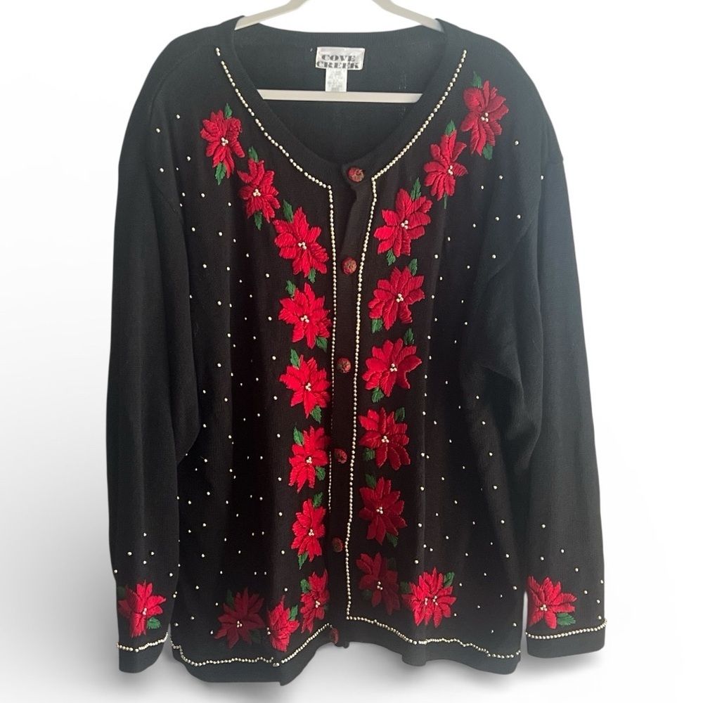 Vintage Cove Creek Cardigan with Red Floral Poinsettias and Gold Beaded Accents